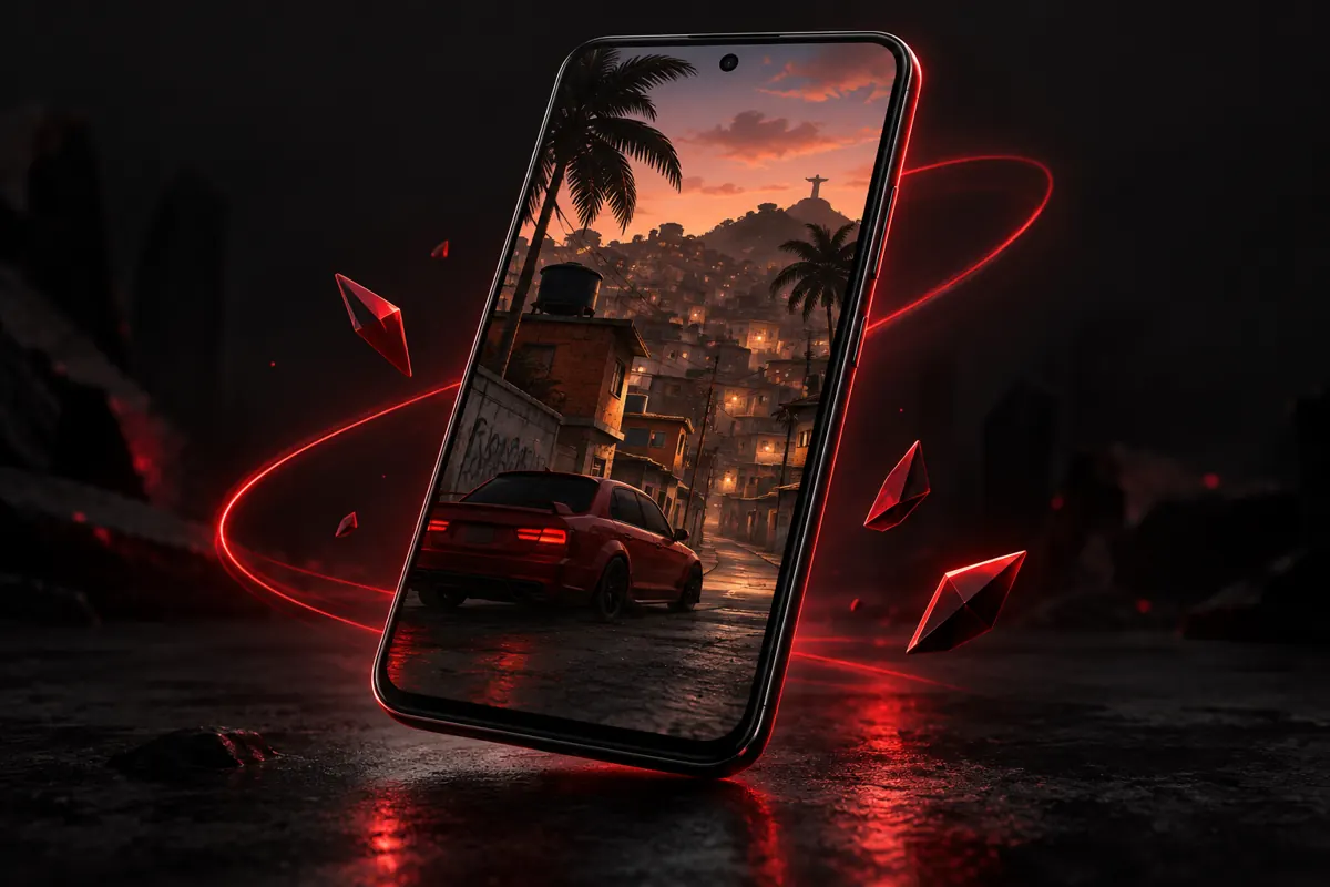 Ilustração de um celular Android com cenário urbano e detalhes em vermelho